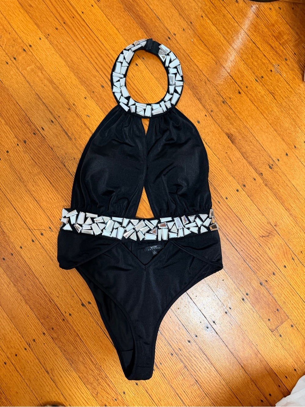 WOW couture Black Halter One-Piece with Silver Mirror Trim